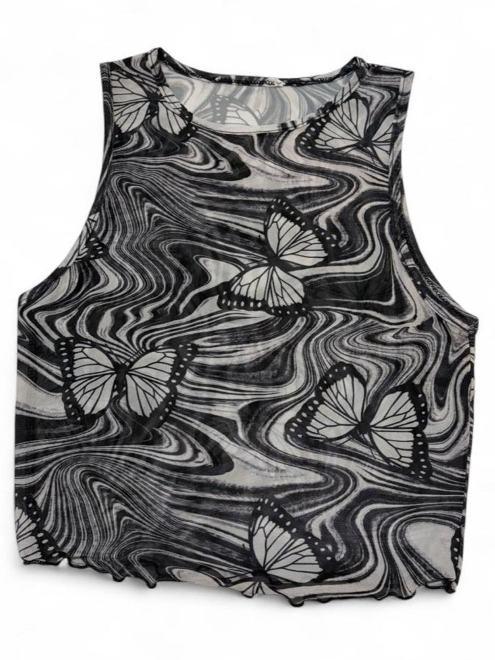 Sleeveless Butterfly Print Mesh Crop Tank Top